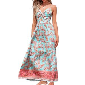 Cupshe NWT Orange Floral Sweetheart Twist & Keyhole Boho Maxi Dress Size S